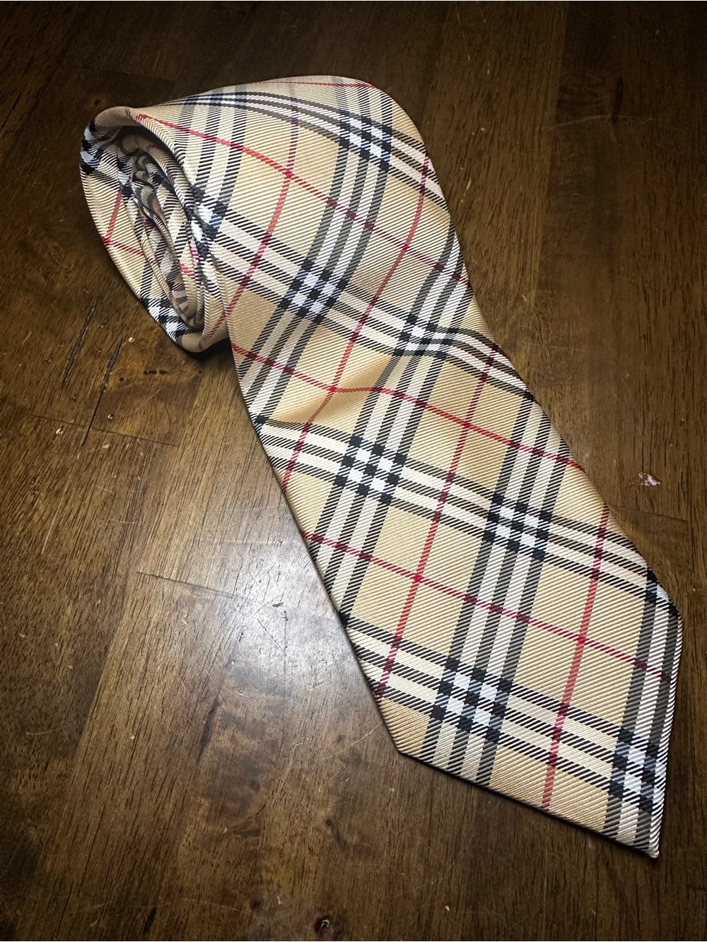 Burberry Beige Plaid Silk Tie with Black, White & Red Accents